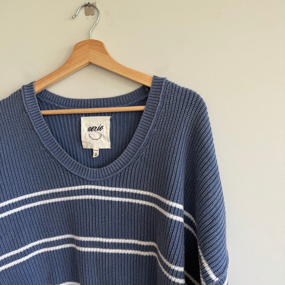 Aerie Beyond Cropped Drop Shoulders Oversized Fit Ribbed Sweater Blue White M - Picture 3 of 8